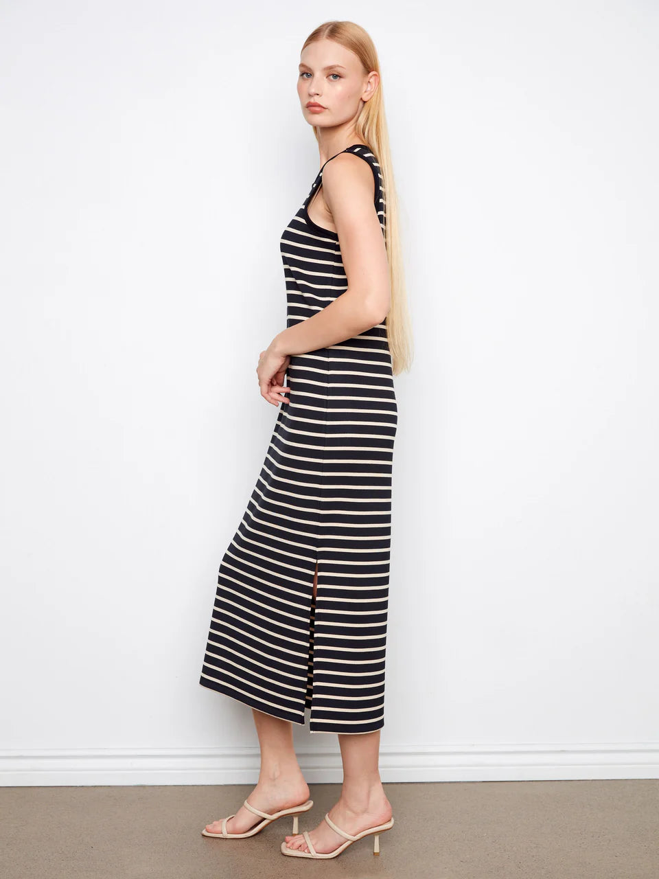 Black + Tan Striped Scuba Dress