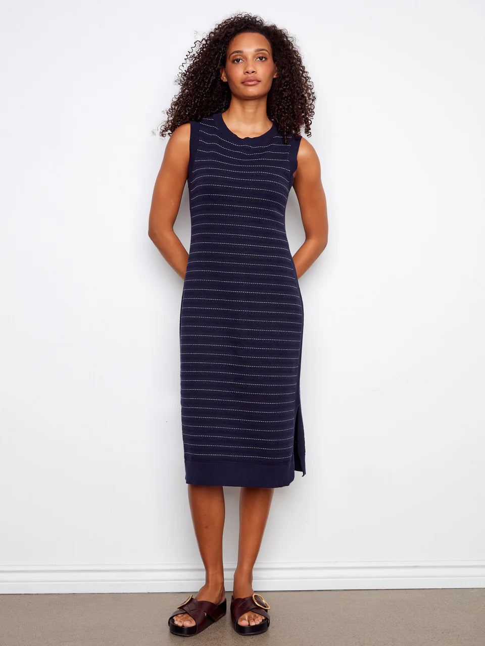 Navy Striped Sleeveless Long Crew Neck Sweater Dress
