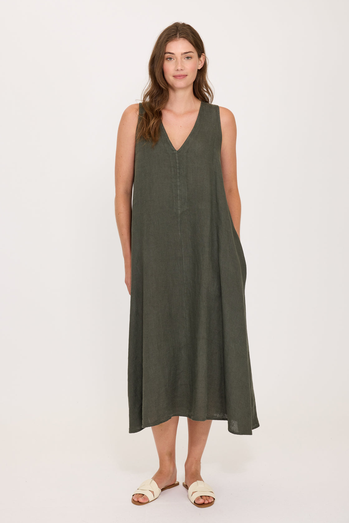 Military Green Midi Linen Sleeveless Dress