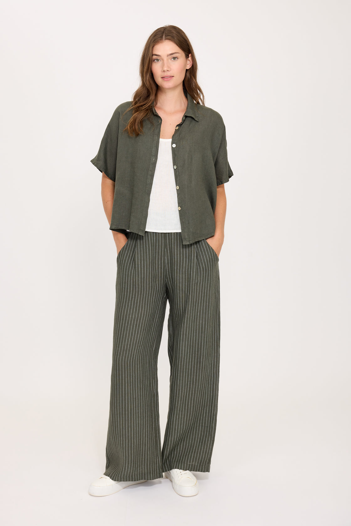 Military Green High Waisted Pinstriped Linen Pant