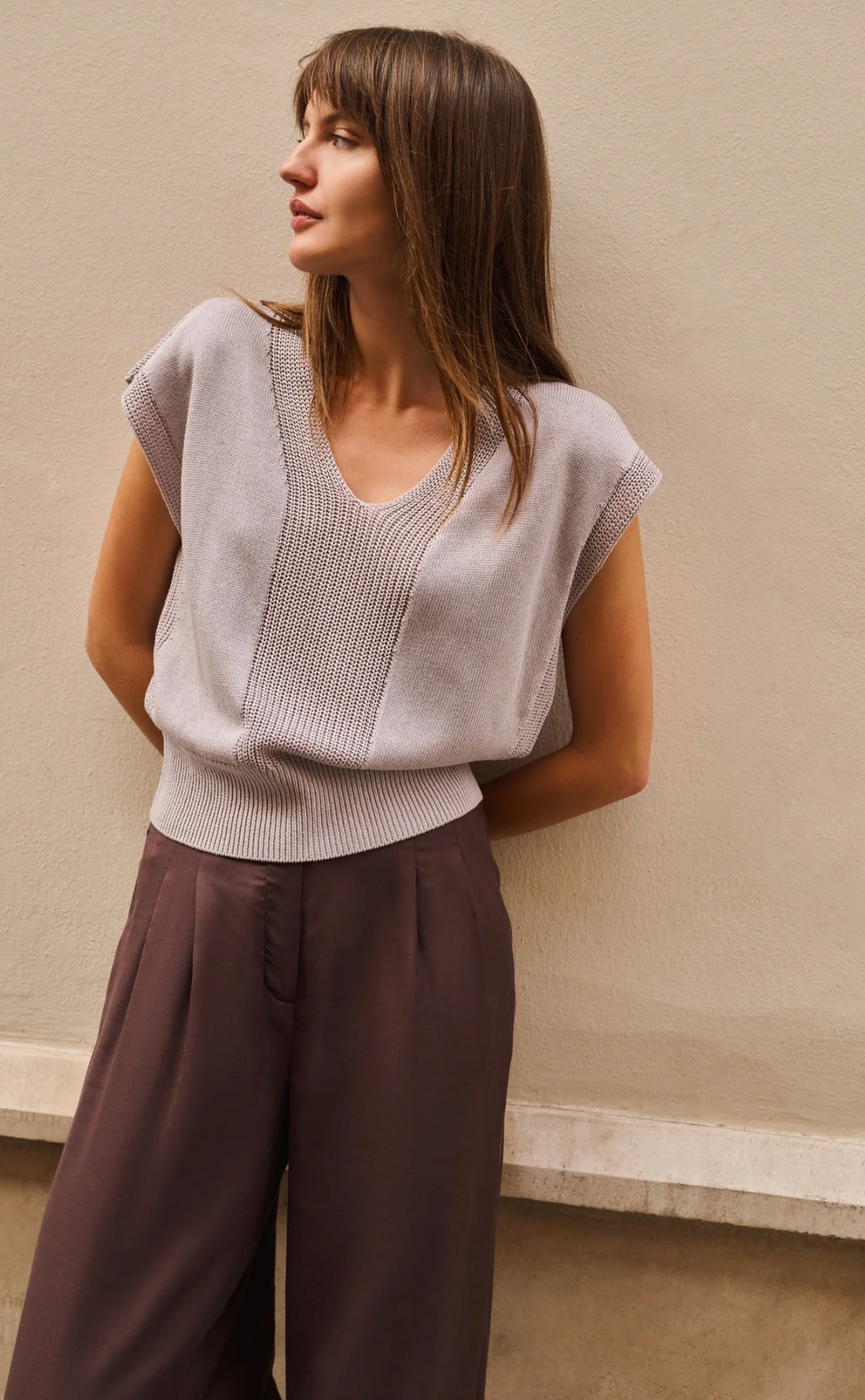 Alabaster Grey Textured V-Neck Sweater