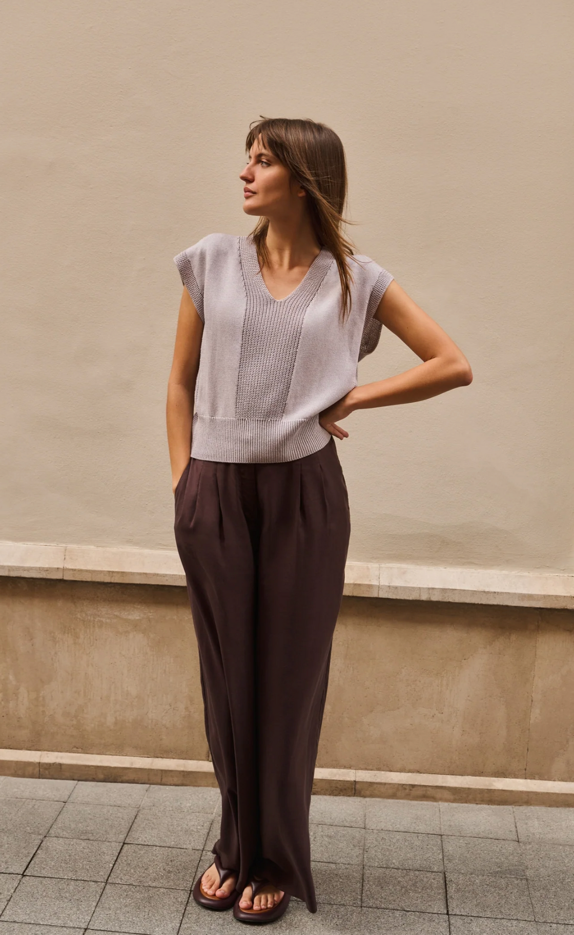 Alabaster Grey Textured V-Neck Sweater