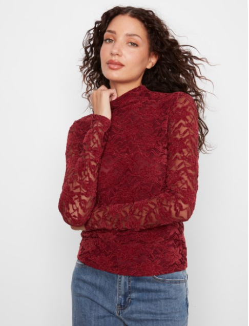 Merlot Flocked Lace Long Sleeve