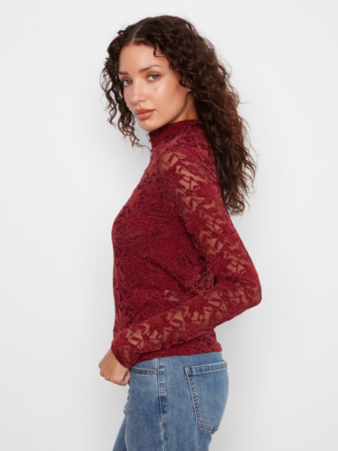 Merlot Flocked Lace Long Sleeve