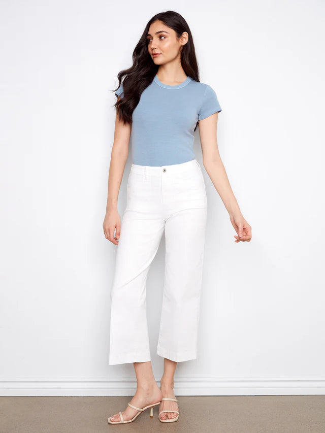Cropped Wide Leg White Twill Pant