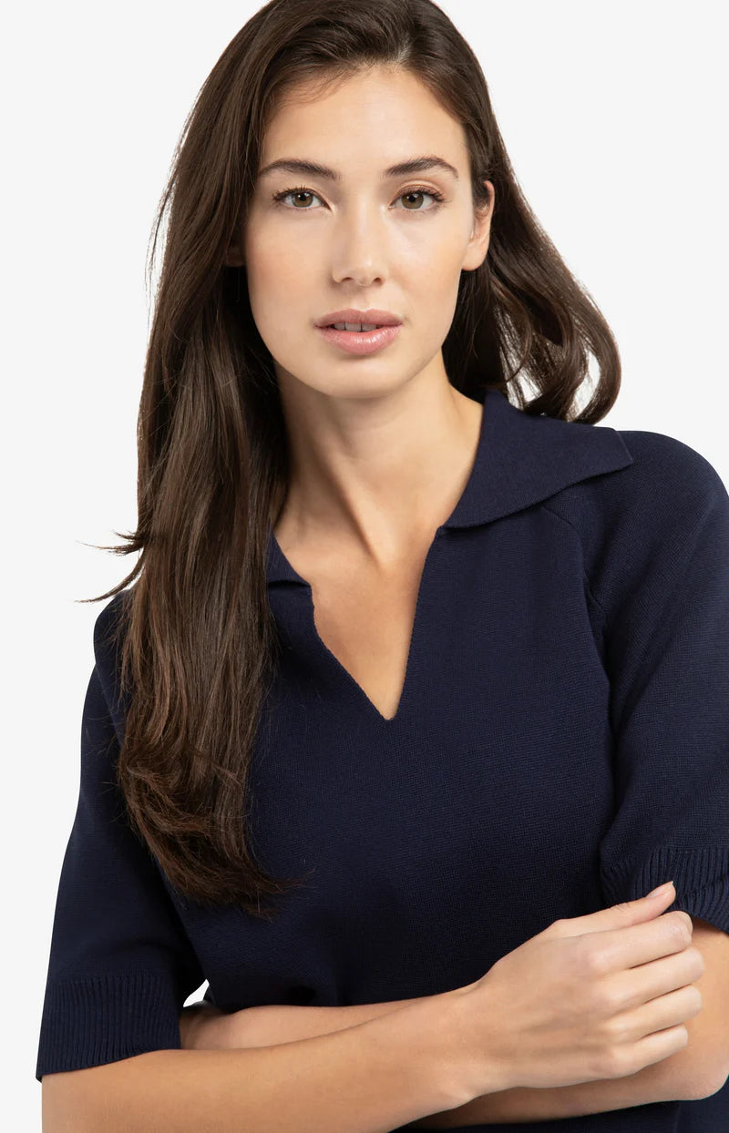 Navy Blazer Short Sleeve Sweater with Collar