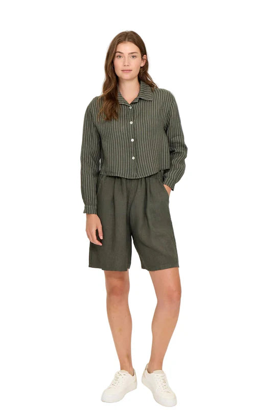 Pinstripe Cropped Linen Blouse