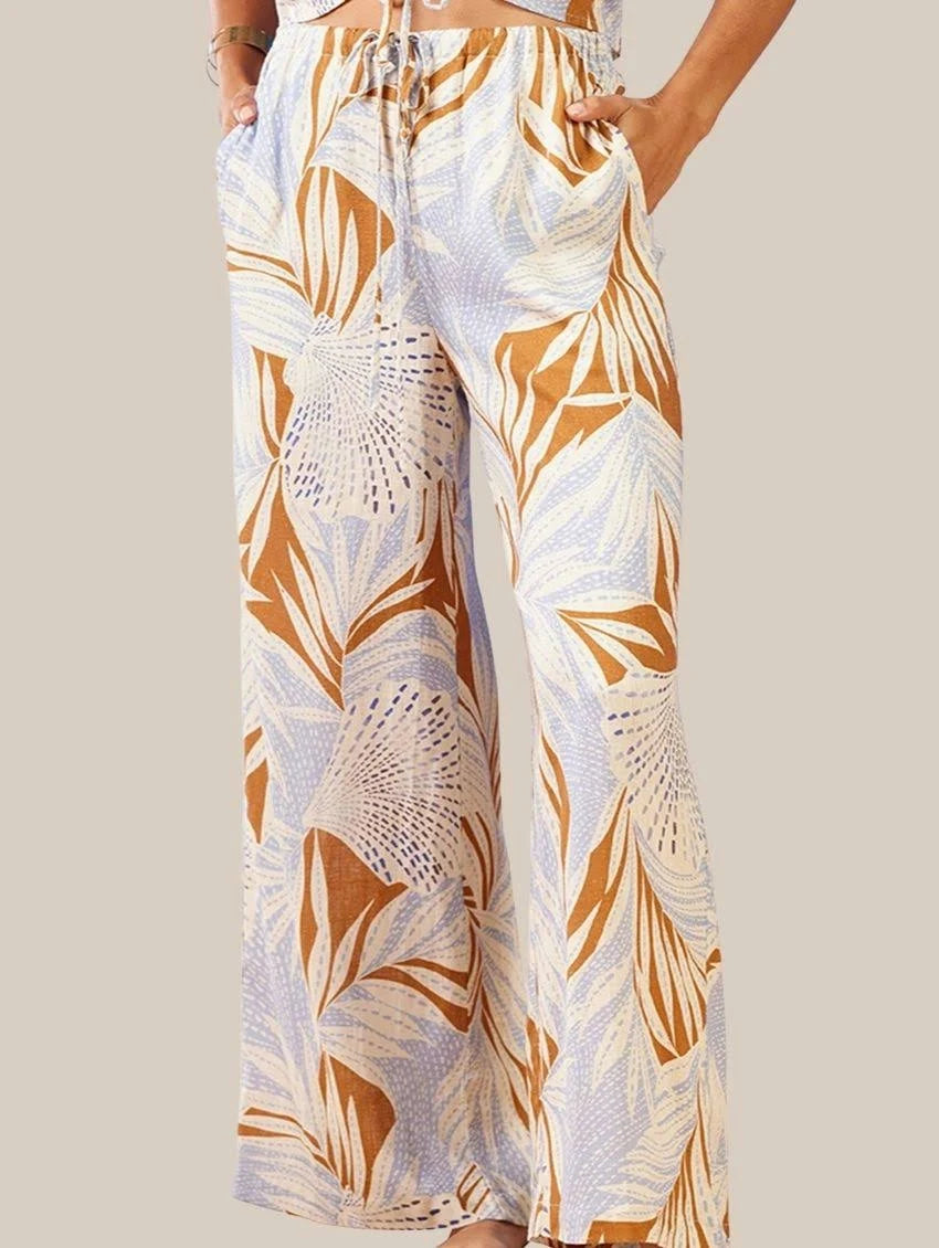 Palm Print Drawstring Wideleg Pant
